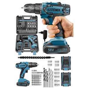 Germany Technology Kupfer Darbeli 58 V 5 Ah Çift Akülü Vidalama Matkap Mavi + 24 Parça Set