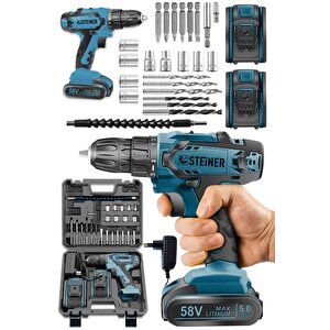 Germany Technology Kupfer Darbeli 58 V 5 Ah Çift Akülü Vidalama Matkap Mavi + 24 Parça Set