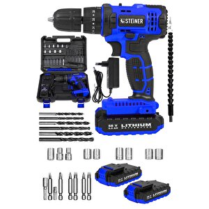 Alman 58 V 5 Ah Darbeli Çift Akülü Metal Dişli Şanzuman Şarjlı Vidalam Matkap + 27 Parça Set