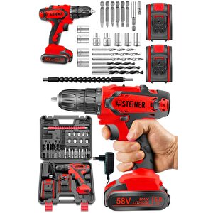 Germany Technology Kupfer Darbeli 58 V 5 Ah Çift Akülü Vidalama Matkap Kırmızı 24 Parça Set