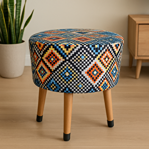 Puf Koltuk Tabure - Etnik Retro Boho Renkli Mozaik Desen - Ahşap Gürgen Ayaklı