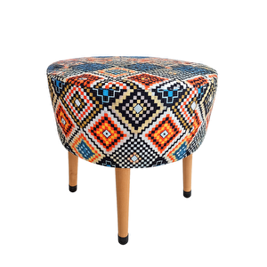 Puf Koltuk Tabure - Etnik Retro Boho Renkli Mozaik Desen - Ahşap Gürgen Ayaklı