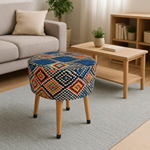 Ustaagac Puf Koltuk Tabure - Etnik Retro Boho Renkli Mozaik Desen - Ahşap Gürgen Ayaklı