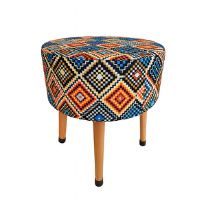 Ustaagac Puf Koltuk Tabure - Etnik Retro Boho Renkli Mozaik Desen - Ahşap Gürgen Ayaklı