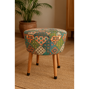 Puf Koltuk Tabure - Bohem Etnik Patchwork Osmanlı Desen - Ahşap Gürgen Ayaklı