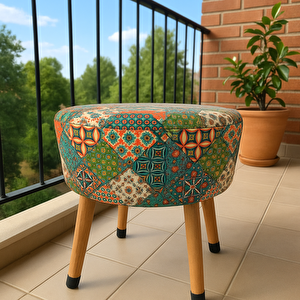Ustaagac Puf Koltuk Tabure - Bohem Etnik Patchwork Osmanlı Desen - Ahşap Gürgen Ayaklı