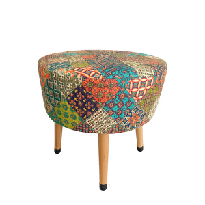 Ustaagac Puf Koltuk Tabure - Bohem Etnik Patchwork Osmanlı Desen - Ahşap Gürgen Ayaklı