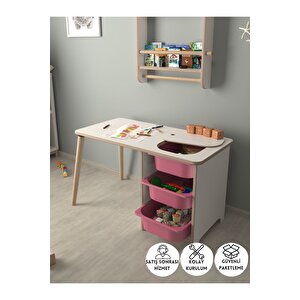 Çocuk Oyun Ve Aktivite Masası - Pembe Sepetli Beyaz-Pembe