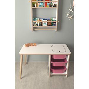 Çocuk Oyun Ve Aktivite Masası - Pembe Sepetli Beyaz-Pembe