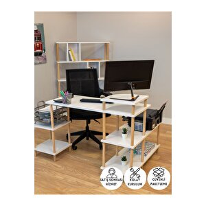 Çalışma Masası 5 Raflı Ahşap Ayaklı Dekoratif Modern Bilgisayar Ofis Masası - Beyaz - Köşe Beyaz