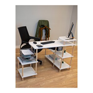 Çalışma Masası 5 Raflı Ahşap Ayaklı Dekoratif Modern Bilgisayar Ofis Masası - Beyaz - Köşe