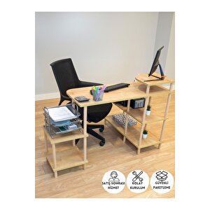 Çalışma Masası 5 Raflı Ahşap Ayaklı Dekoratif Modern Bilgisayar Ofis Masası - Safir Meşe-köşe Safir Meşe