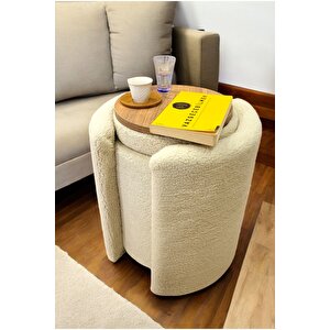 Çift Kullanımlı Sandıklı Özel Yapım Tedy Kumaş Silindir Puf Bench Sehpa Krem