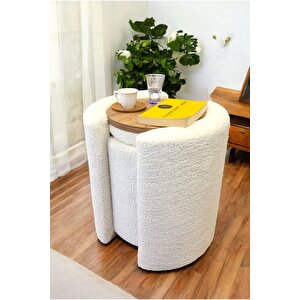 Çift Kullanımlı Sandıklı Özel Yapım Tedy Kumaş Silindir Puf Bench Sehpa Beyaz