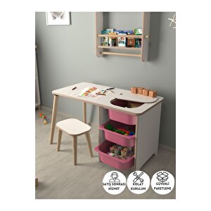 Çocuk Oyun Ve Aktivite Masası - 1 Tabure - Pembe Sepetli Beyaz-Pembe