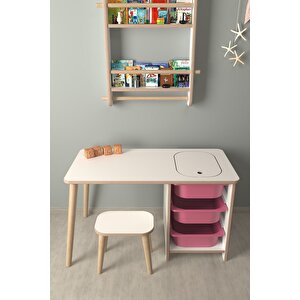 Çocuk Oyun Ve Aktivite Masası - 1 Tabure - Pembe Sepetli Beyaz-Pembe