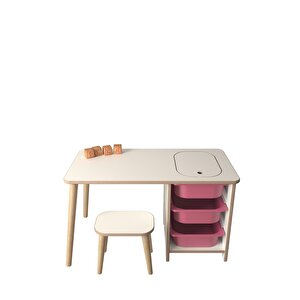 Çocuk Oyun Ve Aktivite Masası - 1 Tabure - Pembe Sepetli Beyaz-Pembe