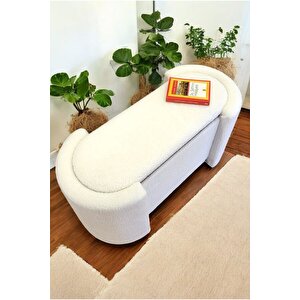 Çift Kullanımlı Sandıklı Yatak Ucu Tedy Kumaş Silindir Puf Bench Sehpa Beyaz