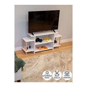 Tv Ünitesi Ahşap Ayaklı Televizyon Sehpası Dekoratif Raflı Modern Mobilya- Beyaz - 120 Cm Beyaz