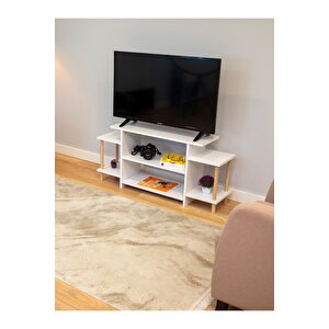 Tv Ünitesi Ahşap Ayaklı Televizyon Sehpası Dekoratif Raflı Modern Mobilya- Beyaz - 120 Cm Beyaz