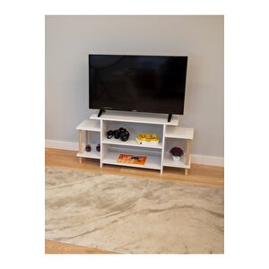 Tv Ünitesi Ahşap Ayaklı Televizyon Sehpası Dekoratif Raflı Modern Mobilya- Beyaz - 120 Cm Beyaz