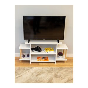 Tv Ünitesi Ahşap Ayaklı Televizyon Sehpası Dekoratif Raflı Modern Mobilya- Beyaz - 120 Cm