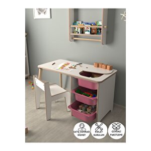 Çocuk Oyun Ve Aktivite Masası - 1 Sandalye - Pembe Sepetli Beyaz-Pembe