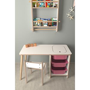Çocuk Oyun Ve Aktivite Masası - 1 Sandalye - Pembe Sepetli Beyaz-Pembe