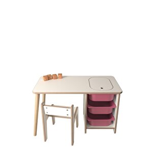 Çocuk Oyun Ve Aktivite Masası - 1 Sandalye - Pembe Sepetli Beyaz-Pembe