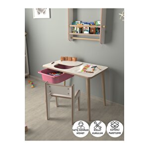 Çocuk Oyun Ve Aktivite Masası - 1 Sandalye - Pembe Sepetli Beyaz-Pembe