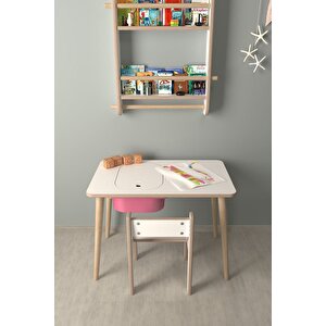 Çocuk Oyun Ve Aktivite Masası - 1 Sandalye - Pembe Sepetli Beyaz-Pembe