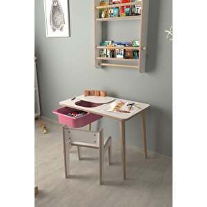 Çocuk Oyun Ve Aktivite Masası - 1 Sandalye - Pembe Sepetli Beyaz-Pembe