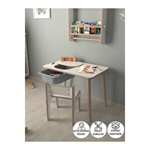Çocuk Oyun Ve Aktivite Masası - 1 Sandalye - Gri Sepetli Beyaz-Gri