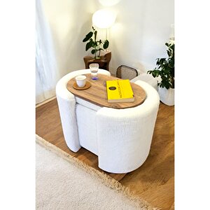 Çift Kullanımlı Sandıklı Özel Yapım Tedy Kumaş Silindir Puf Bench Sehpa Beyaz
