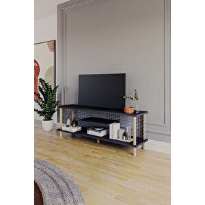 Tv Sehpası Raflı Tv Ünitesi Televizyon Sehpası Ahşap Ayaklı Metal Bölmeli - Antrasit Antrasit