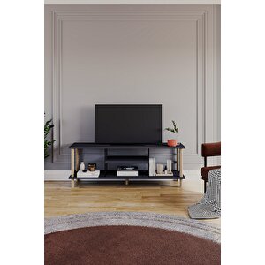 Tv Sehpası Raflı Tv Ünitesi Televizyon Sehpası Ahşap Ayaklı Metal Bölmeli - Antrasit Antrasit