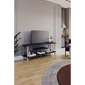 Tv Sehpası Raflı Tv Ünitesi Televizyon Sehpası Ahşap Ayaklı Metal Bölmeli - Antrasit Antrasit