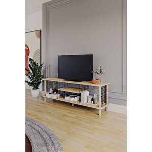 Tv Sehpası Raflı Tv Ünitesi Televizyon Sehpası Ahşap Ayaklı Metal Bölmeli - Safir Meşe Safir Meşe