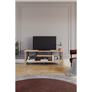 Tv Sehpası Raflı Tv Ünitesi Televizyon Sehpası Ahşap Ayaklı Metal Bölmeli - Safir Meşe Safir Meşe