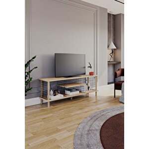Tv Sehpası Raflı Tv Ünitesi Televizyon Sehpası Ahşap Ayaklı Metal Bölmeli - Safir Meşe Safir Meşe