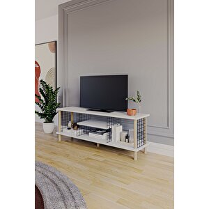 Tv Sehpası Raflı Tv Ünitesi Televizyon Sehpası Ahşap Ayaklı Metal Bölmeli - Beyaz Beyaz