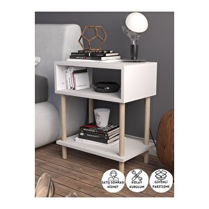 2 Raflı Modern Komodin Yatak Odası Başucu Düzenleyici Ahşap Ayaklı Yan Sehpa - Beyaz Beyaz