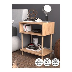2 Raflı Modern Komodin Yatak Odası Başucu Düzenleyici Ahşap Ayaklı Yan Sehpa - Safir Meşe Safir Meşe