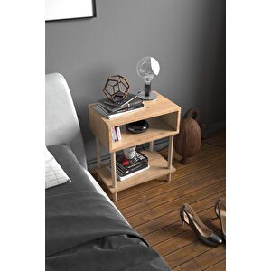 2 Raflı Modern Komodin Yatak Odası Başucu Düzenleyici Ahşap Ayaklı Yan Sehpa - Safir Meşe Safir Meşe