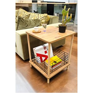 Yan Sehpa Geniş Metal Sepetli Sehpa Gazetelik Kitaplık Çiçeklik Komodin Çam