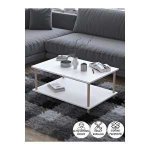 Dikdörgen Orta Sehpa Ahşap Ayaklı Sehpa Iki Raflı Sehpa Dekoratif Sehpa Gazetelikli-beyaz-90cmx60cm Beyaz
