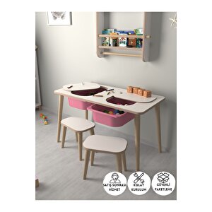 Çocuk Oyun Ve Aktivite Masası - 2 Tabure - Pembe Sepetli Beyaz-Pembe