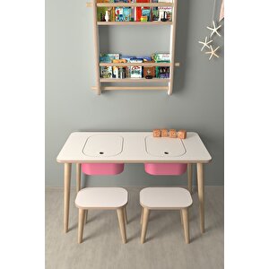 Çocuk Oyun Ve Aktivite Masası - 2 Tabure - Pembe Sepetli Beyaz-Pembe