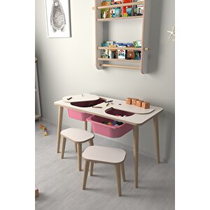 Çocuk Oyun Ve Aktivite Masası - 2 Tabure - Pembe Sepetli Beyaz-Pembe
