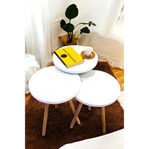 Zigon Sehpa Doğal Ahşap Ayaklı 3’lü Set Yuvarlak Beyaz